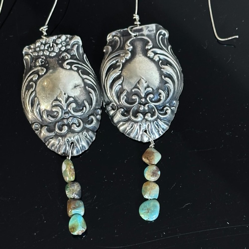 Genuine Royston Turquoise Floral Antique Sterling Silver Earrings Dangle .925